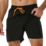 SILKWORLD Mens Swimming Trunks with Compression Liner 2 in 1 Quick-Dry Swim Shorts with Zipper Pockets Black
