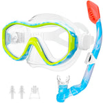 Snorkel Set for Age 5-15 Dry Top Snorkeling Gear for Kids, Diving Mask and Snorkel Set Swimming Goggles with Nose Cover for Kids Youth Boys Girls Junior (Blue+Green)