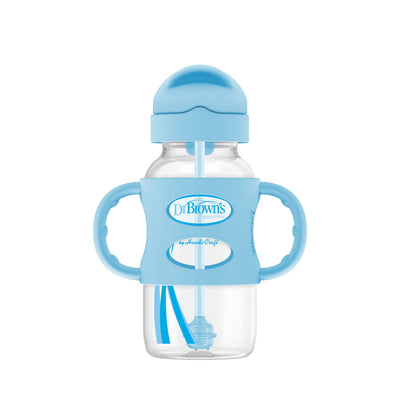 Clear baby bottle with blue handles and cap on a white background