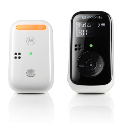 Motorola baby monitor with a white transmitter and black receiver on a white background