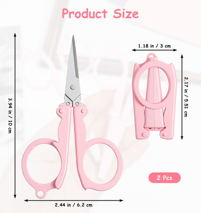 2Pcs Badge Reel Scissors, Cute Pink Foldable Mini Badge Scissors for School, Small Travel Portable with Safety Cap for Kids & Adult Scrapbooking Crafting Sewing Yarn, Kawaii Design