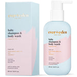 Evereden baby shampoo & body wash packaging and bottle on a white background