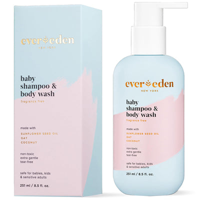 Evereden baby shampoo & body wash packaging and bottle on a white background