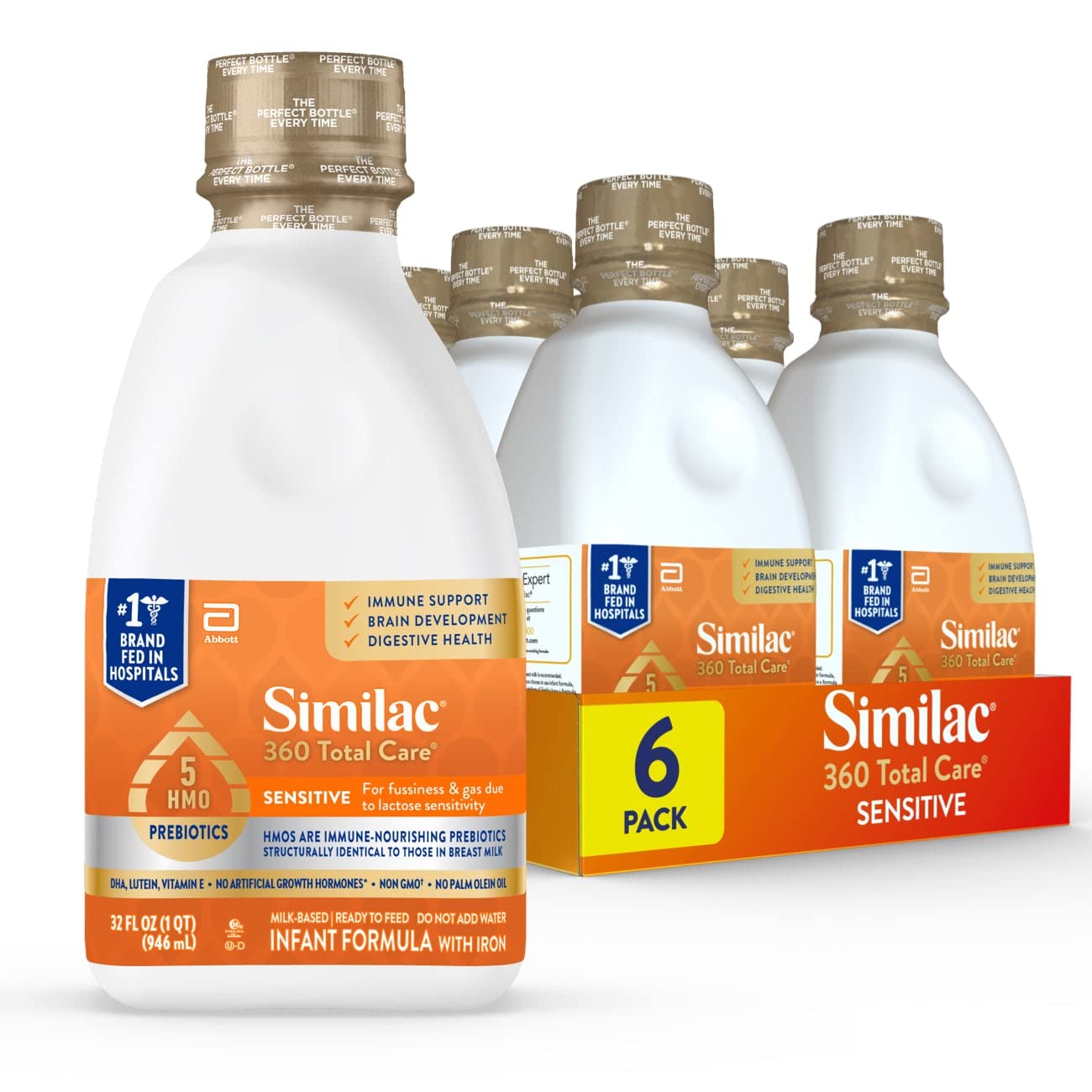 Similac 360 Total Care Sensitive Infant Formula for Fussiness & Gas Due to Lactose Sensitivity, Has 5 HMO Prebiotics, Non-GMO, Baby Formula, Ready to Feed, 8-fl-oz Bottle, Pack of 24
