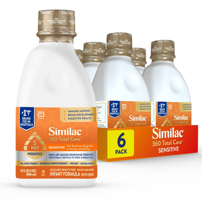 Similac 360 Total Care Sensitive infant formula bottles with packaging on a white background