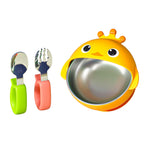 ENERGEVITY Suction Bowls Set for Baby Feeding，Silicone Suction Baby Bowl and Food-Grade 304 Stainless Steel Bowl with Fork and Spoon,Dishwasher Safe (Yellow Duck)