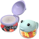 BeneLabel 2 Pack 12.3 Oz Snack Cups for Toddlers Spill Proof Food Grade Tritan Baby Snack Container with Cute Frog Lid and Handle PVC Free Kids Snack Catcher Fit for On-the-Go (Green & Purple)