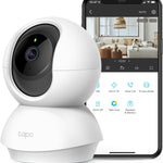 White TP-Link smart camera with smartphone displaying app interface on a white background