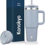 30 oz Tumbler with Handle and 2 Straws,2 in 1 Lid Insulated Water Bottle Stainless Steel Travel Coffee Mug,Blue Haze
