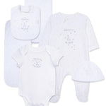 Little Me Clothes for Baby Layette Gift Set - Footie and Cap, Onesie, 3-Piece Bib and Burp Set, Swaddling Blanket, Baby Shower Gifts - White Welcome Clothes for World, 3 Months