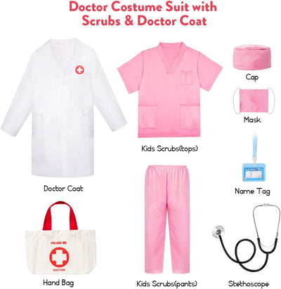 Meland Doctor Costume for Girls - Kids Scrubs with Lab Coat & Carry Bag, Doctor Dress Up for Halloween, Career Day Role Play