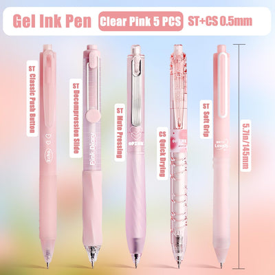 VideMundi 5 Count Pastel Gel Ink Pen Set,Cute Note Taking 0.5mm Fine Point Retractable 5 Count Black Ink Pens for Writing, Journaling, School, Office (Light Pink Clear)