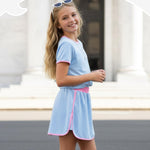 PATPAT Girls 2 Piece Outfits Size 7-8 Years, Blue Pink Color Block Tshirts and Skorts Clothing Sets, Girls Summer Outfits, Trendy Clothes Skirt Sets Summer Clothes Lounge Sets