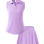 PATPAT Girls Tennis Outfits Size 9-10, Purple Sleeveless Polo Shirts + Pleated Skort with Built in Shorts 2 Piece Outfits Girl Summer Clothes Workout Outfit Kids Activewear Sets