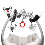 Baby crib mobile with black and white cat-themed toys on a white background