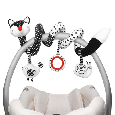 Baby crib mobile with black and white cat-themed toys on a white background