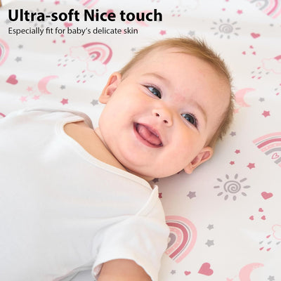 Baby Bedside Bassinet Sheets Fitted Girl, 33”x20” Compatible with Baby Delight Dream On Me & Most Rectangle Bedside Sleeper Bassinet Mattresses, Super Soft Microfiber Pink Rainbow