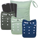 Set of four cloth diapers in green, black, blue, and gray with button closures on a white background.