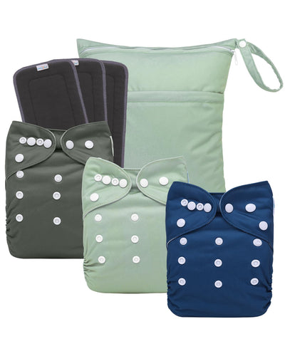 Set of four cloth diapers in green, black, blue, and gray with button closures on a white background.