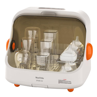 Dishwasher with baby bottles and accessories inside, branded 'WestTribe'.