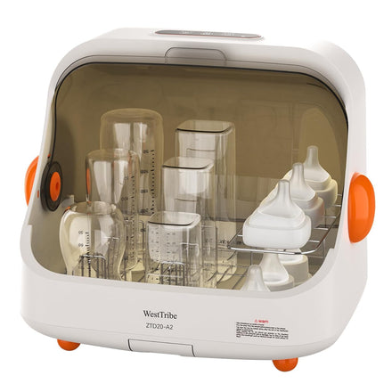 Dishwasher with baby bottles and accessories inside, branded 'WestTribe'.