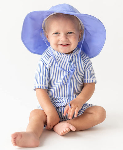 RUGGEDBUTTS Short Sleeve One Piece Rash Guard - Periwinkle Blue Seersucker - 3-6m