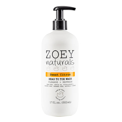 Zoey Naturals Sweet Citrus head to toe wash bottle on a white background