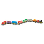 Colorful toy train set on a white background