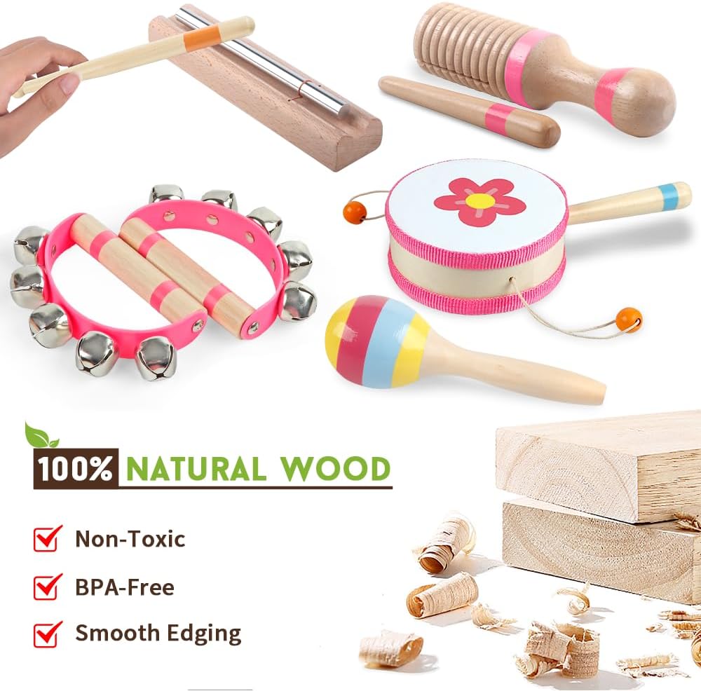 Toddlers Musical Instruments for 1 2 3 Year Old Girls,Baby Montessori Wooden Musical Toys for Toddlers 1-3 Year Old,Kids Musical Toy for Preschool,Christmas Birthday Gift for Baby Girls (Pink 8 in 1)