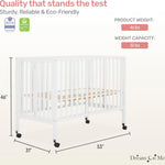 Dream On Me Quinn Full-Size Portable Baby Crib in White, GreenGuard Gold & BSA, Patented Quick Fold System, Adjustable Mattress Support, Heavy-Duty Wheels, Compact Design, Safe Sleep Assurance