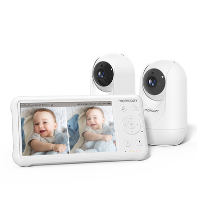Baby monitor with screen displaying a baby and two camera units on a white background