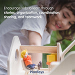PlanToys Slide and Go Dollhouse - Chemical-Free Wooden Toy Featuring 3 Units with 20 Furniture Pieces
