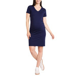 Motherhood Maternity Women's V-Neck Short Sleeve Side Ruched Bodycon Mini Pregnancy Dress, Peacoat, Small