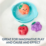 Itzy Ritzy Bath Squirter Toys – Set of 3 Textured, Fruit-Shaped Bath Toys & 1 Sprinkle Strainer – Itzy Splash Pals Promote Sensory Play, Cause & Effect, & Motor Skill Development – 6 Mos & Up (Fruit)