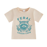 Toddler Baby Boy T-Shirt Summer Tee Letter Graphic Print Short Sleeve Crew Neck Tops Kids Cute Clothes (Raccoon Cousin Apricot, 12-18 Months)
