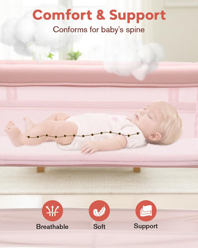 JevrJeur Baby Bassinet, Bedside Bassinet for Baby, Bassinet Bedside Sleeper with Mattress, Storage Basket and 4 Auto-Lock Wheels, Full-Mesh Sides, Bedside Mini Crib for Newborn (Pink)