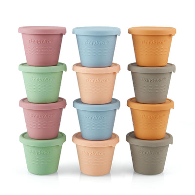 Set of colorful panda cups stacked on a white background