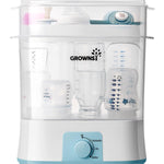 Growsi baby bottle sterilizer with clear containers on a white background