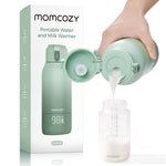 Momcozy portable water and milk warmer with packaging and milk being poured into a jar.