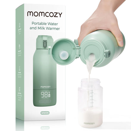 Momcozy portable water and milk warmer with packaging and milk being poured into a jar.
