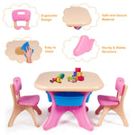 Costzon Kids Table and Chairs, 3 PCS Activity Desk Set w/ 4 Detachable Storage Bins for Indoor Outdoor Play Art Crafts Picnic Patio, Lightweight Toddler Table and Chair Set (Pink & Blue)