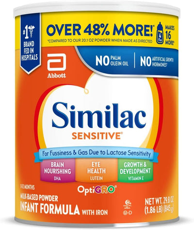 Similac Sensitive infant formula can with Abbott logo on a white background