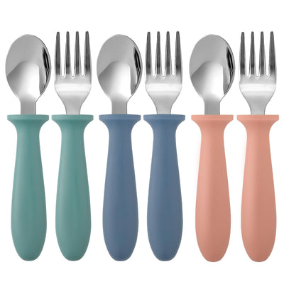 Pimoys 6 Pieces Toddler Utensils, Kids Silverware Set with Plastic Handle Stainless Steel Children Forks and Spoons, Dishwasher Safe