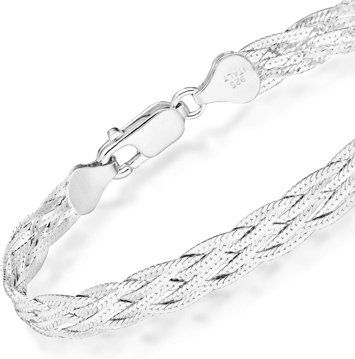 Miabella 925 Sterling Silver Italian 6-Strand Diamond-Cut 7mm Braided Herringbone Chain Bracelet for Women, 925 Italy