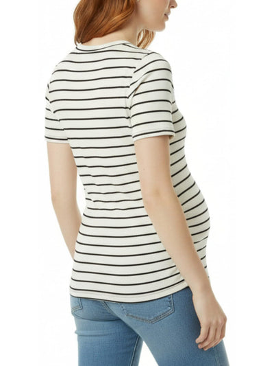Motherhood Maternity Women's Short Sleeve Crew Neck Side Ruching Pregnancy Tee Shirt, Vanilla/Black Stripe, Large