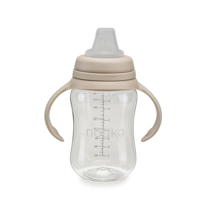 Clear baby sippy cup with beige lid and handles on a white background