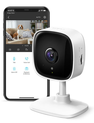 Smart home security camera with smartphone app interface on a white background