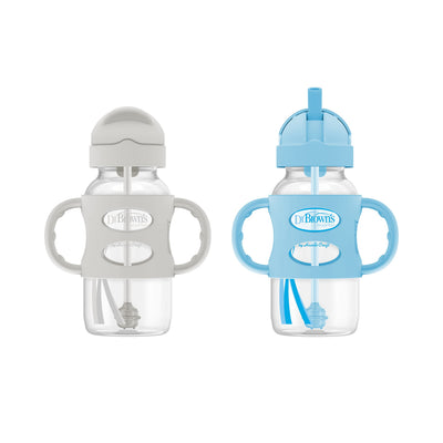 Two baby bottles with handles, one gray and one blue, on a white background.