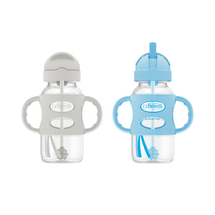 Two baby bottles with handles, one gray and one blue, on a white background.