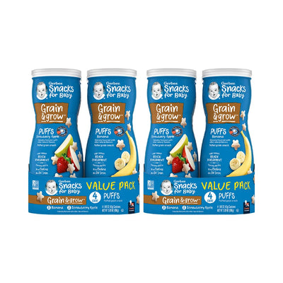 Four packages of Gerber Snacks for Baby Grain & Grow Puffs on a white background